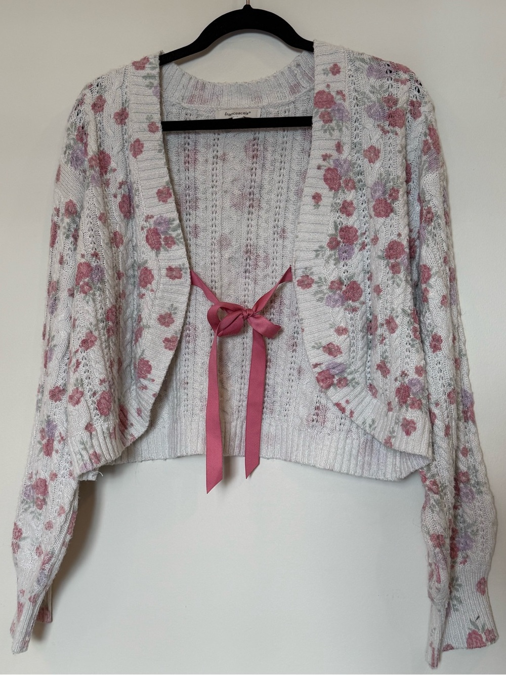 Francesca’s Crop Floral Tie-Front Cardigan Sweater in White and Pink